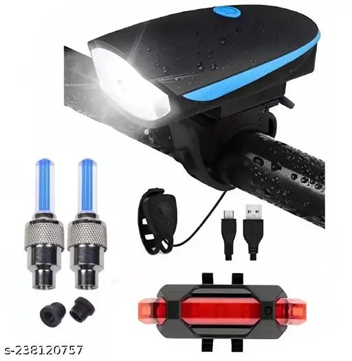 USB Rechargeable Front Cycle Light Back Tail Light And Tyre Valve Light (Pack of 1 Front Light, 1 Rear Light, 2 Valve Lights)